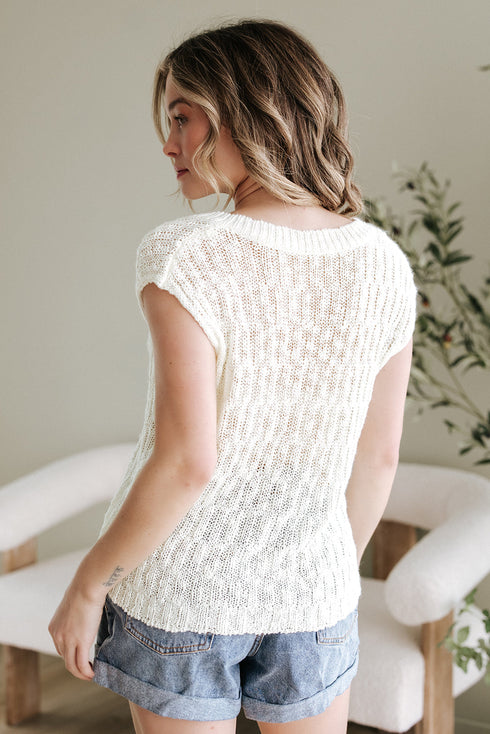Textured V Neck Cap Sleeve Knit Top