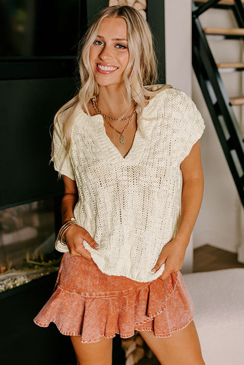 Textured V Neck Cap Sleeve Knit Top