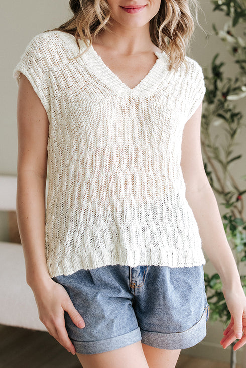 Textured V Neck Cap Sleeve Knit Top