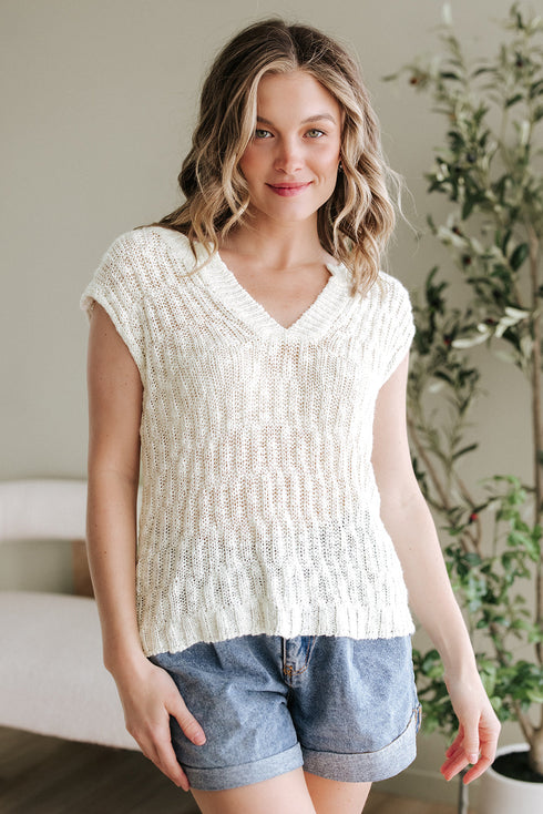 Textured V Neck Cap Sleeve Knit Top