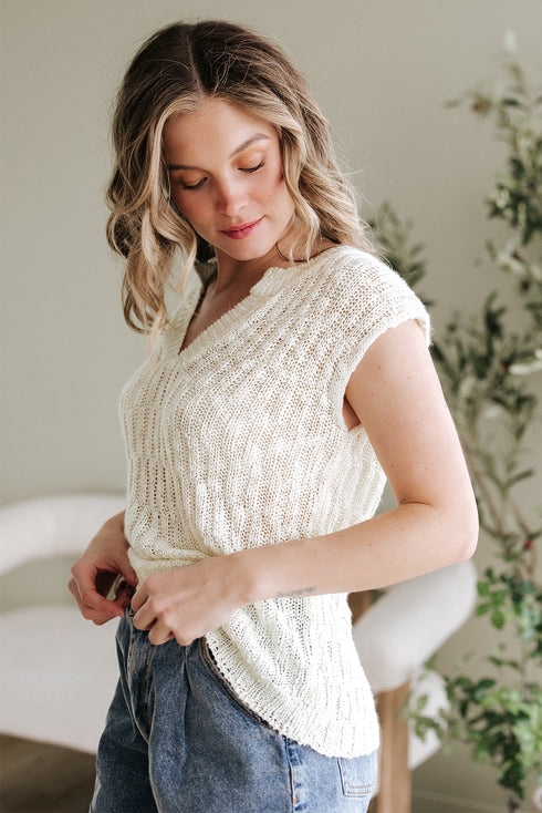 Textured V Neck Cap Sleeve Knit Top