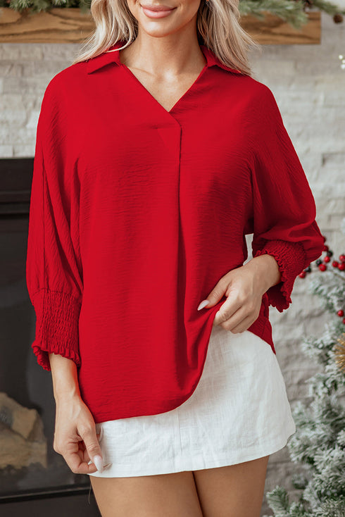 Textured V Neck Collared Oversized Tunic Shirt