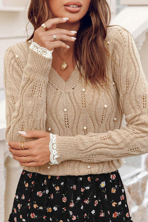 Textured V Neck Embellished Knit Sweater