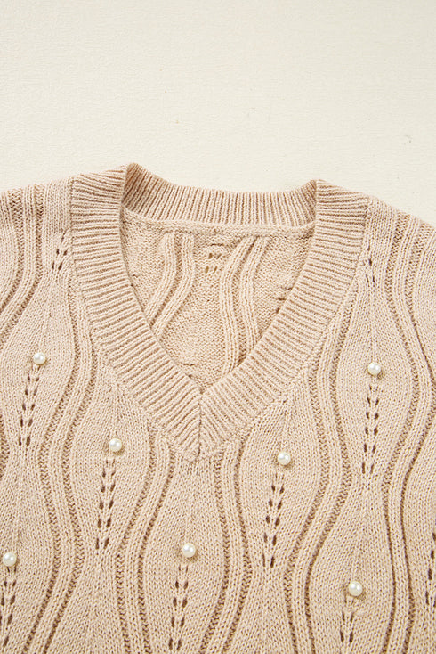Textured V Neck Embellished Knit Sweater