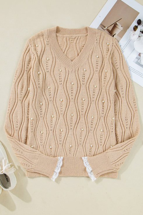 Textured V Neck Embellished Knit Sweater