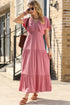 Textured V Neck Flutter Sleeve Ruffled Maxi Dress