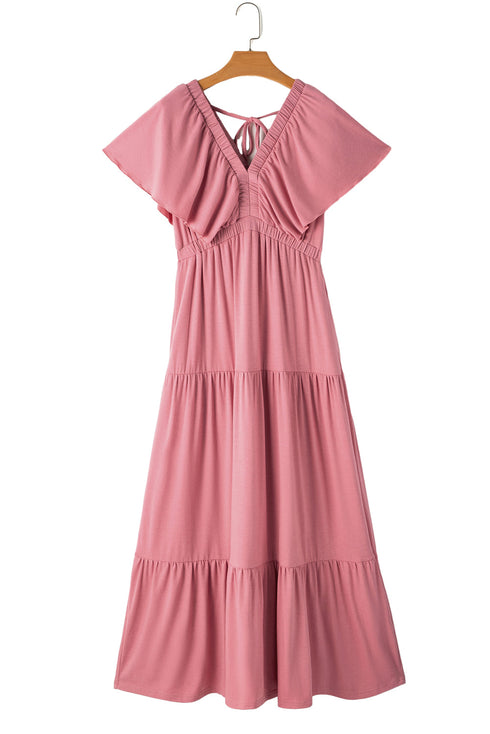 Textured V Neck Flutter Sleeve Ruffled Maxi Dress