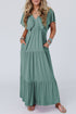 Textured V Neck Flutter Sleeve Ruffled Maxi Dress