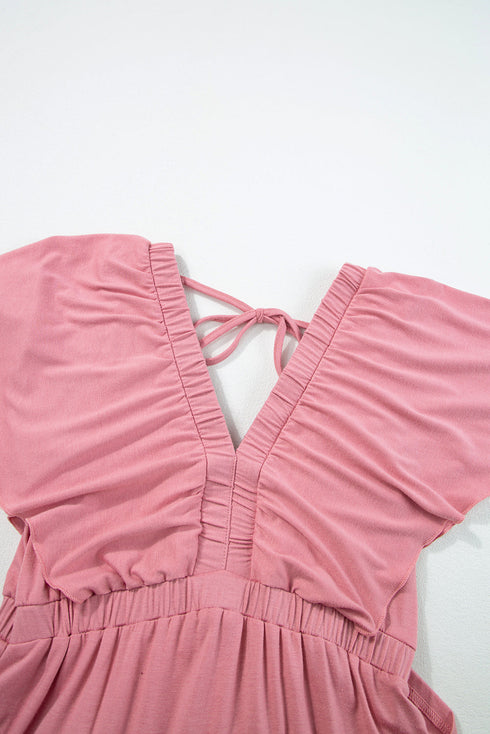 Textured V Neck Flutter Sleeve Ruffled Maxi Dress