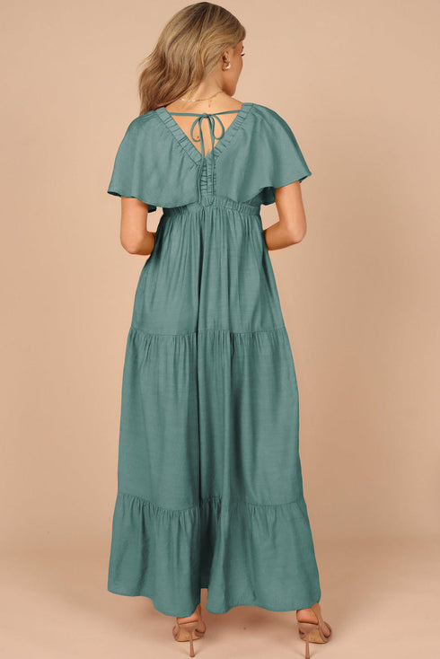Textured V Neck Flutter Sleeve Ruffled Maxi Dress