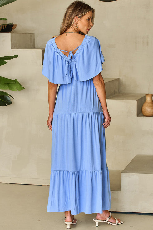Textured V Neck Flutter Sleeve Ruffled Maxi Dress