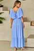 Textured V Neck Flutter Sleeve Ruffled Maxi Dress