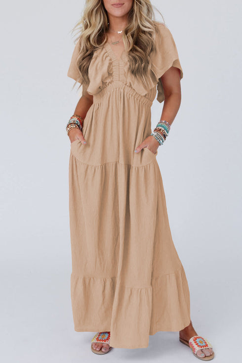 Textured V Neck Flutter Sleeve Ruffled Maxi Dress