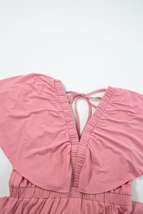 Textured V Neck Flutter Sleeve Ruffled Maxi Dress