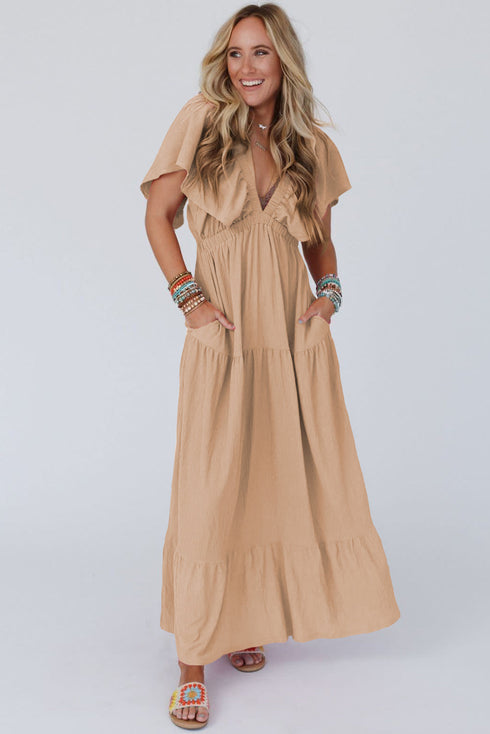 Textured V Neck Flutter Sleeve Ruffled Maxi Dress