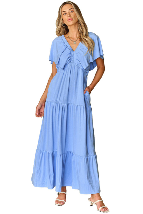 Textured V Neck Flutter Sleeve Ruffled Maxi Dress