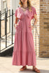 Textured V Neck Flutter Sleeve Ruffled Maxi Dress