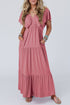 Textured V Neck Flutter Sleeve Ruffled Maxi Dress