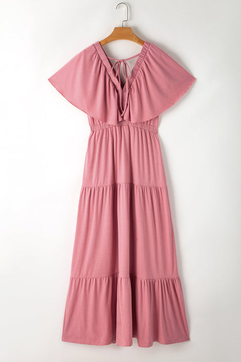 Textured V Neck Flutter Sleeve Ruffled Maxi Dress