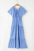Textured V Neck Flutter Sleeve Ruffled Maxi Dress