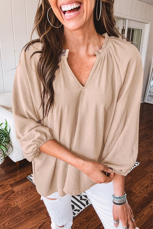 Textured V Neck Gathered Cuff Three Quarter Sleeve Blouse