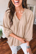 Textured V Neck Gathered Cuff Three Quarter Sleeve Blouse