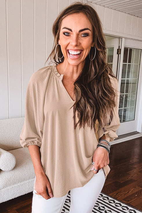Textured V Neck Gathered Cuff Three Quarter Sleeve Blouse