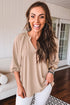 Textured V Neck Gathered Cuff Three Quarter Sleeve Blouse