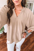 Textured V Neck Gathered Cuff Three Quarter Sleeve Blouse