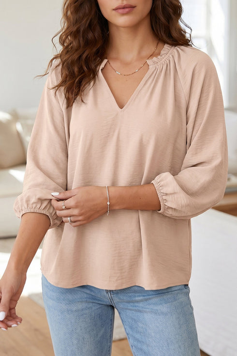 Textured V Neck Gathered Cuff Three Quarter Sleeve Blouse