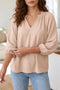 Textured V Neck Gathered Cuff Three Quarter Sleeve Blouse