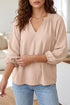 Textured V Neck Gathered Cuff Three Quarter Sleeve Blouse