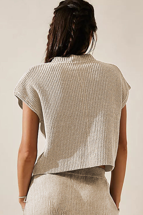 Textured V Neck Pocket Detail Cap Sleeve Knit Top
