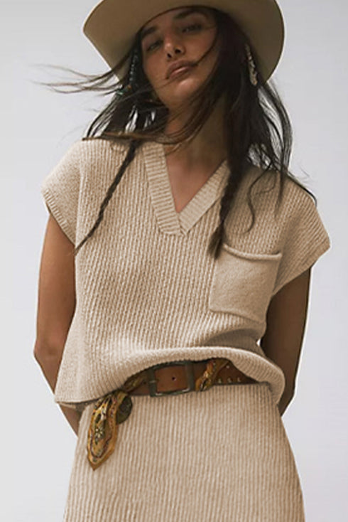 Textured V Neck Pocket Detail Cap Sleeve Knit Top