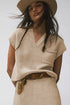 Textured V Neck Pocket Detail Cap Sleeve Knit Top