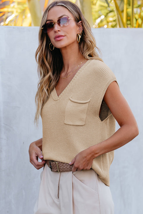 Textured V Neck Pocket Detail Cap Sleeve Knit Top