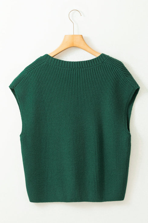 Textured V Neck Pocket Detail Cap Sleeve Knit Top
