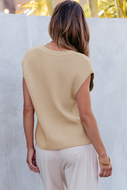 Textured V Neck Pocket Detail Cap Sleeve Knit Top