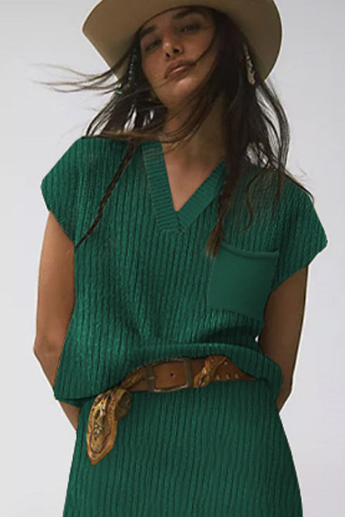 Textured V Neck Pocket Detail Cap Sleeve Knit Top