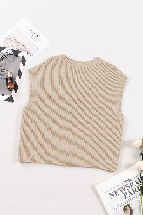 Textured V Neck Pocket Detail Cap Sleeve Knit Top