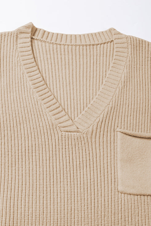 Textured V Neck Pocket Detail Cap Sleeve Knit Top