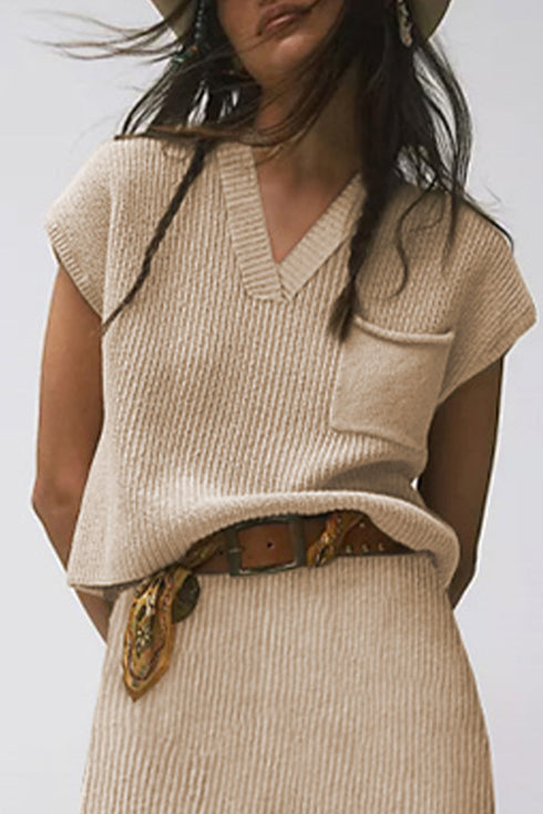 Textured V Neck Pocket Detail Cap Sleeve Knit Top