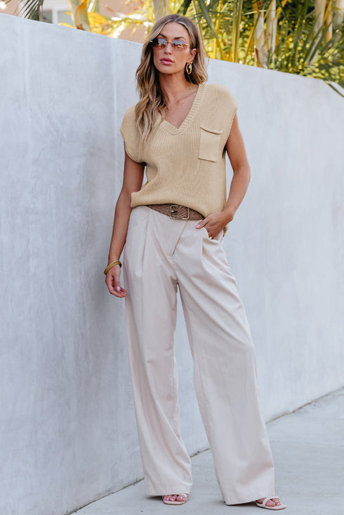 Textured V Neck Pocket Detail Cap Sleeve Knit Top