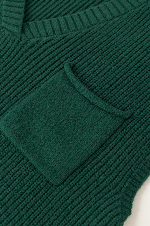 Textured V Neck Pocket Detail Cap Sleeve Knit Top