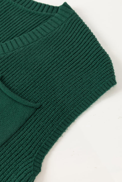 Textured V Neck Pocket Detail Cap Sleeve Knit Top