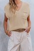 Textured V Neck Pocket Detail Cap Sleeve Knit Top