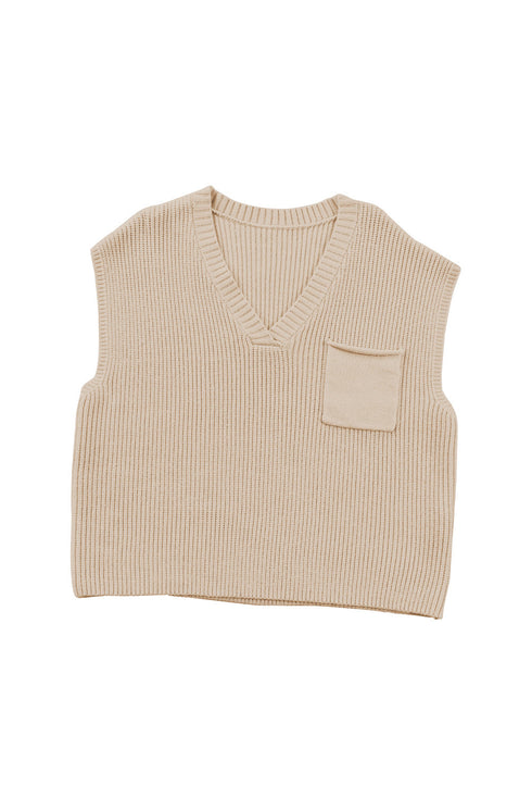 Textured V Neck Pocket Detail Cap Sleeve Knit Top