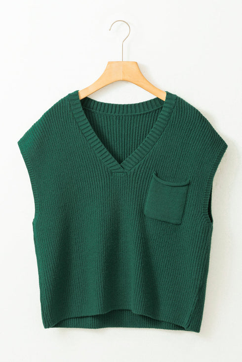 Textured V Neck Pocket Detail Cap Sleeve Knit Top