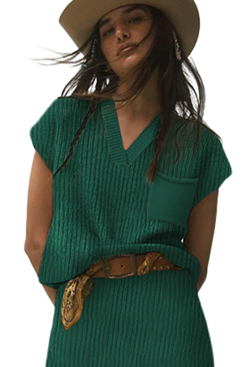 Textured V Neck Pocket Detail Cap Sleeve Knit Top