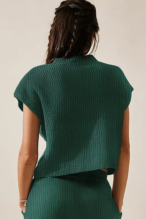Textured V Neck Pocket Detail Cap Sleeve Knit Top